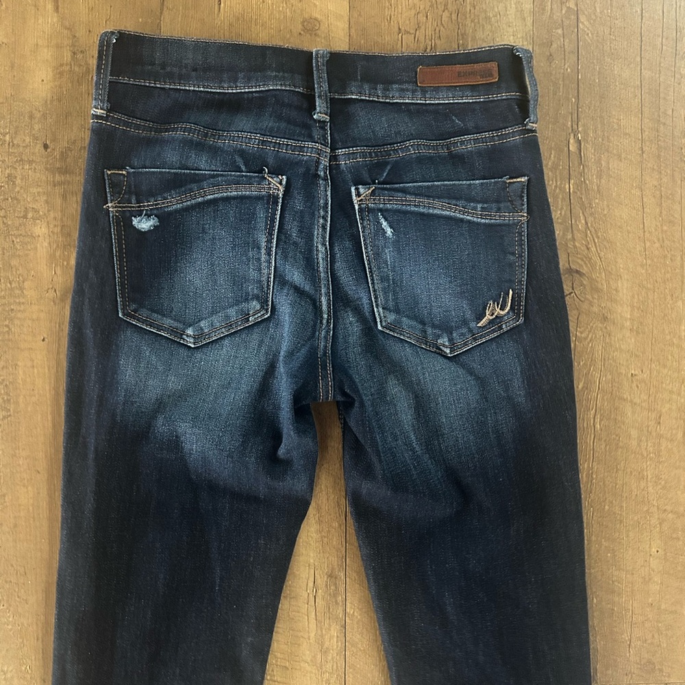 Express Distressed Skinny Jeans Dark Wash Mid Rise Stretch Denim Size 0R - Picture 7 of 10